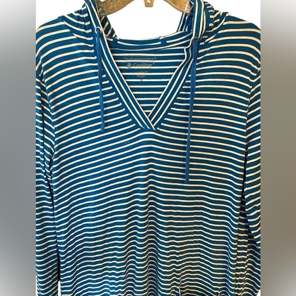 Coolibar Sz M Blue White Striped Pocket UPF 50 Hoodie Beach Swim Cover Dress - Picture 3 of 8